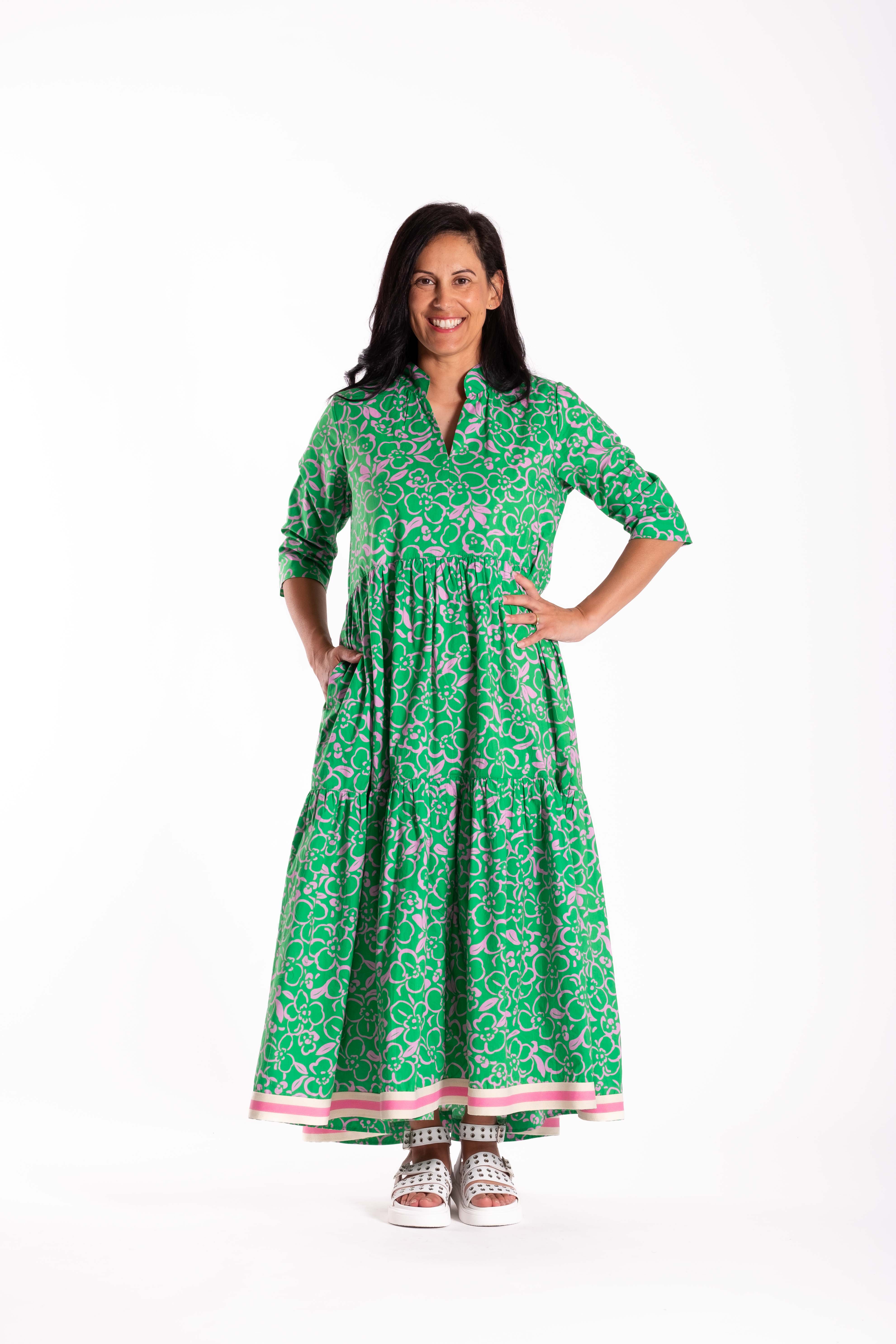 Collar Tiered Dress Floral Scribble