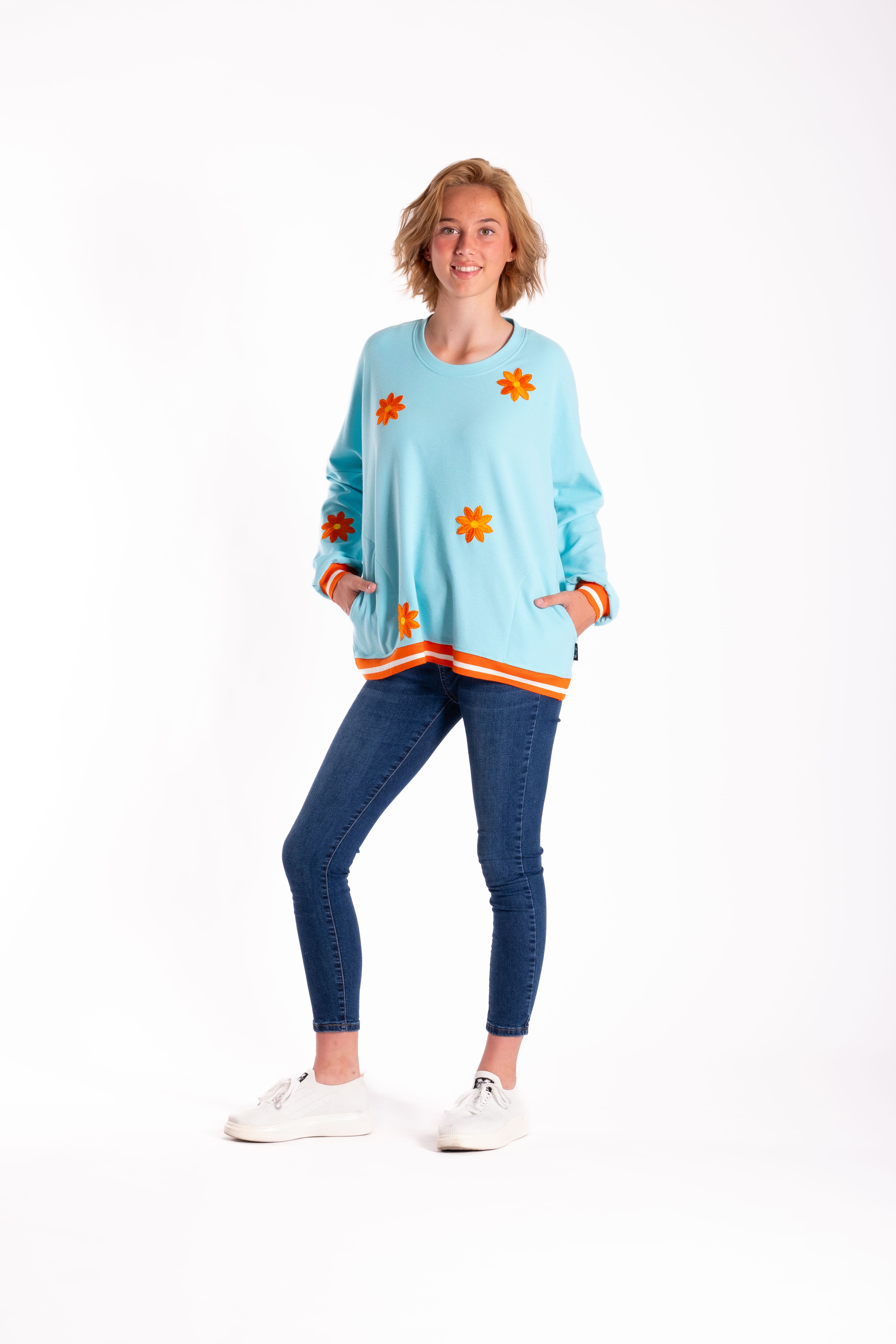 Sweatshirt Teal with Orange Flowers