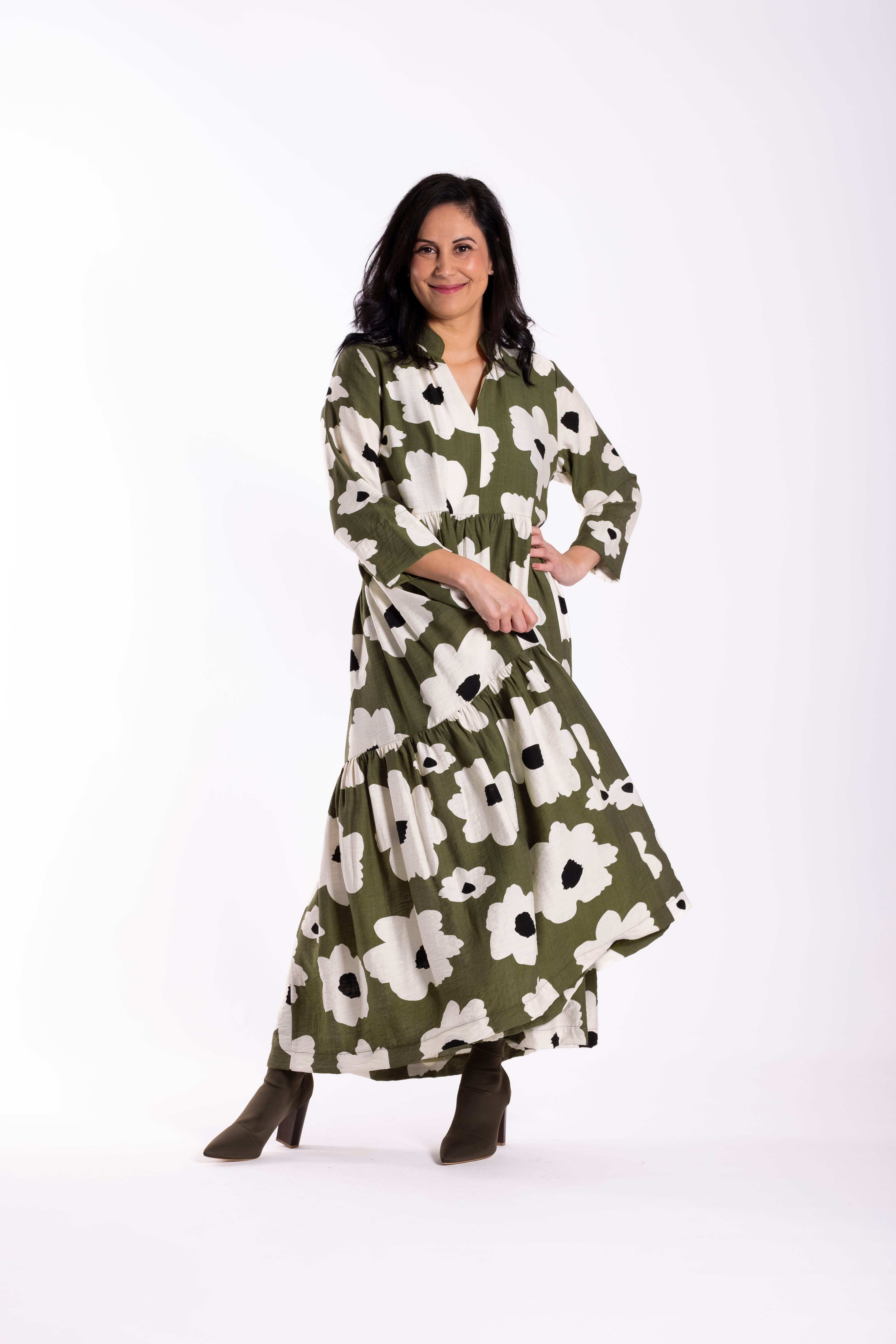 Collar Tiered Dress Monochrome Meadow