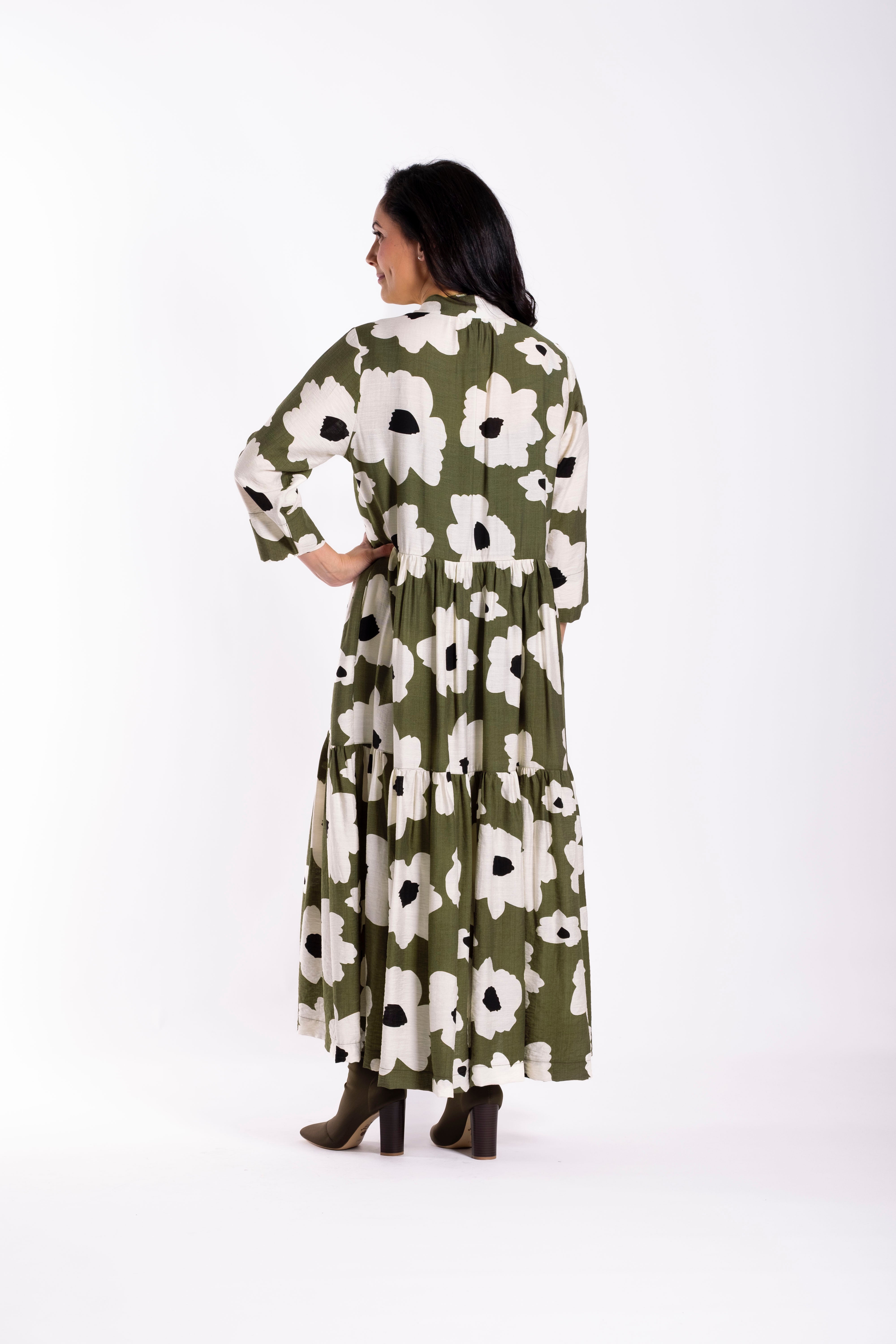 Collar Tiered Dress Monochrome Meadow