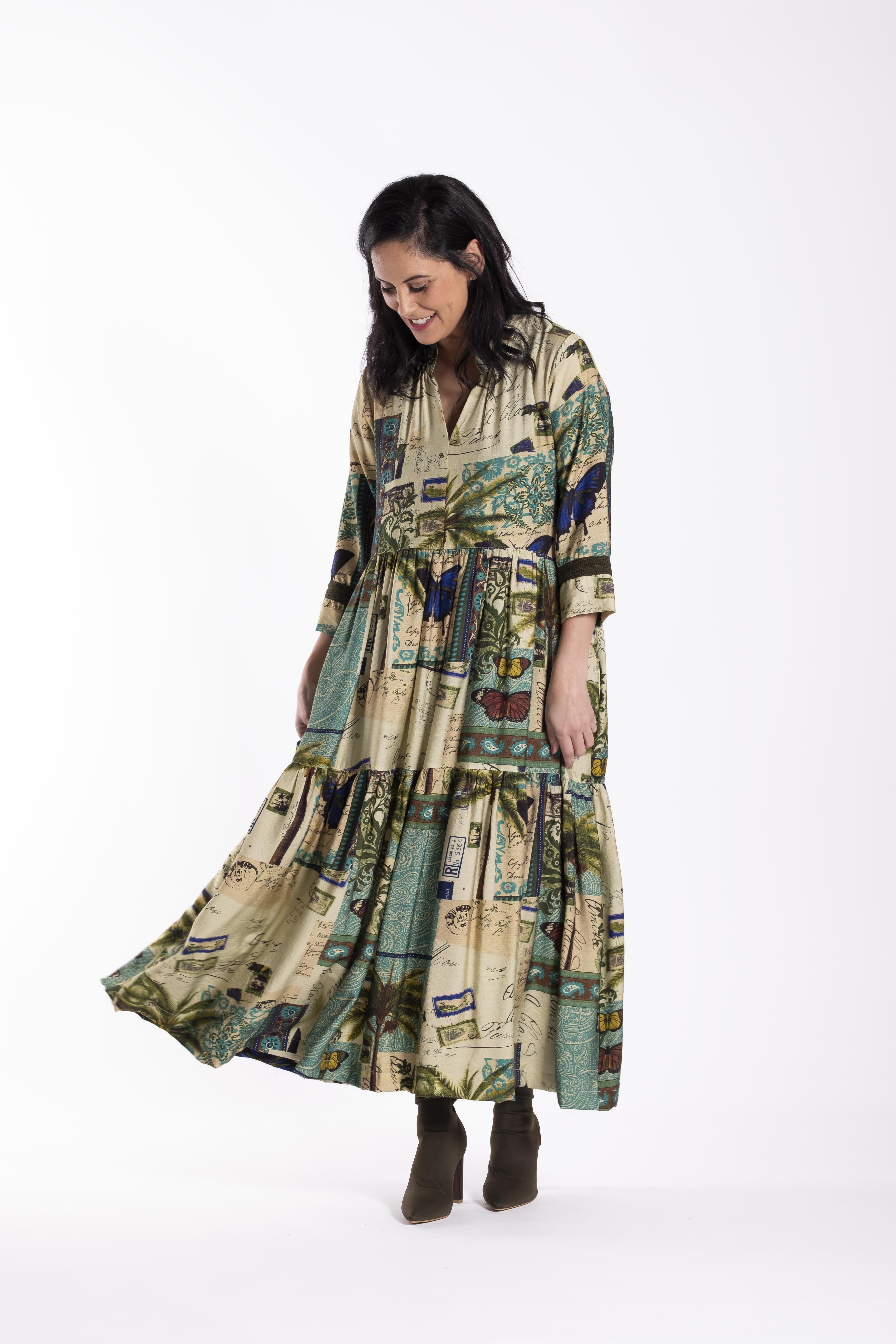 Collar Tiered Dress Postage Print