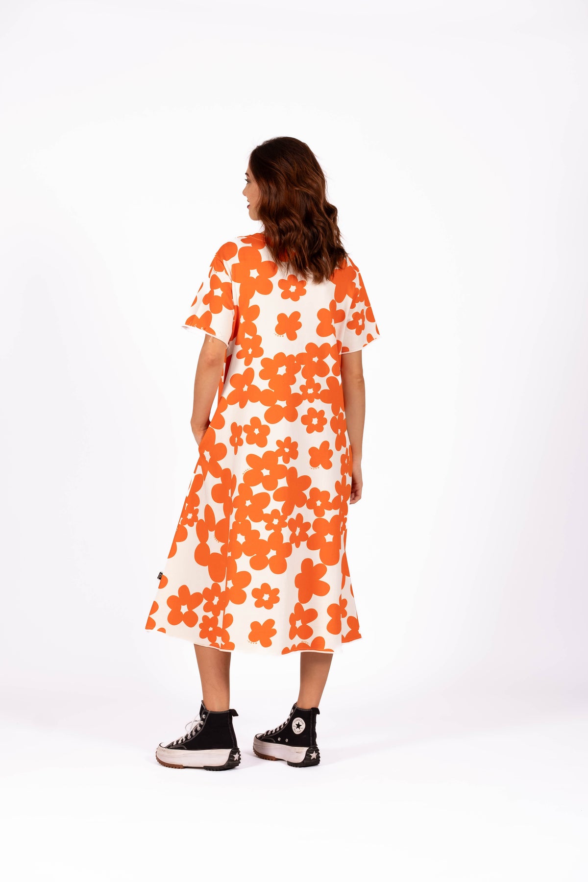 Flowline Dress Short Sleeve Inkblot Floral Orange