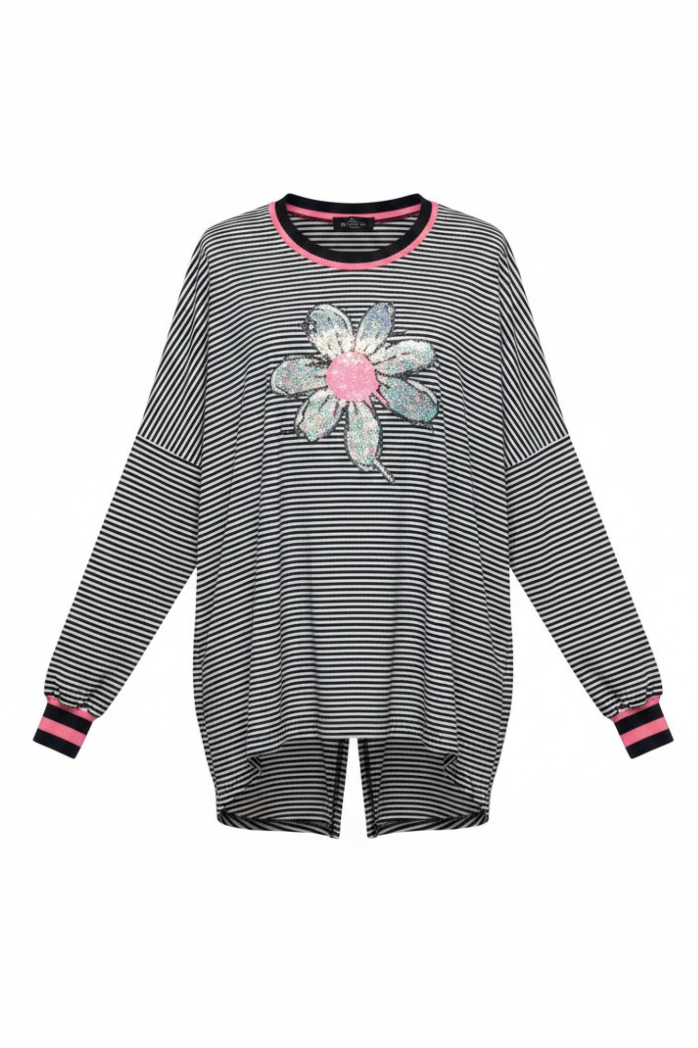 Relaxed Sweatshirt Black/White with Pink Sequin Flower