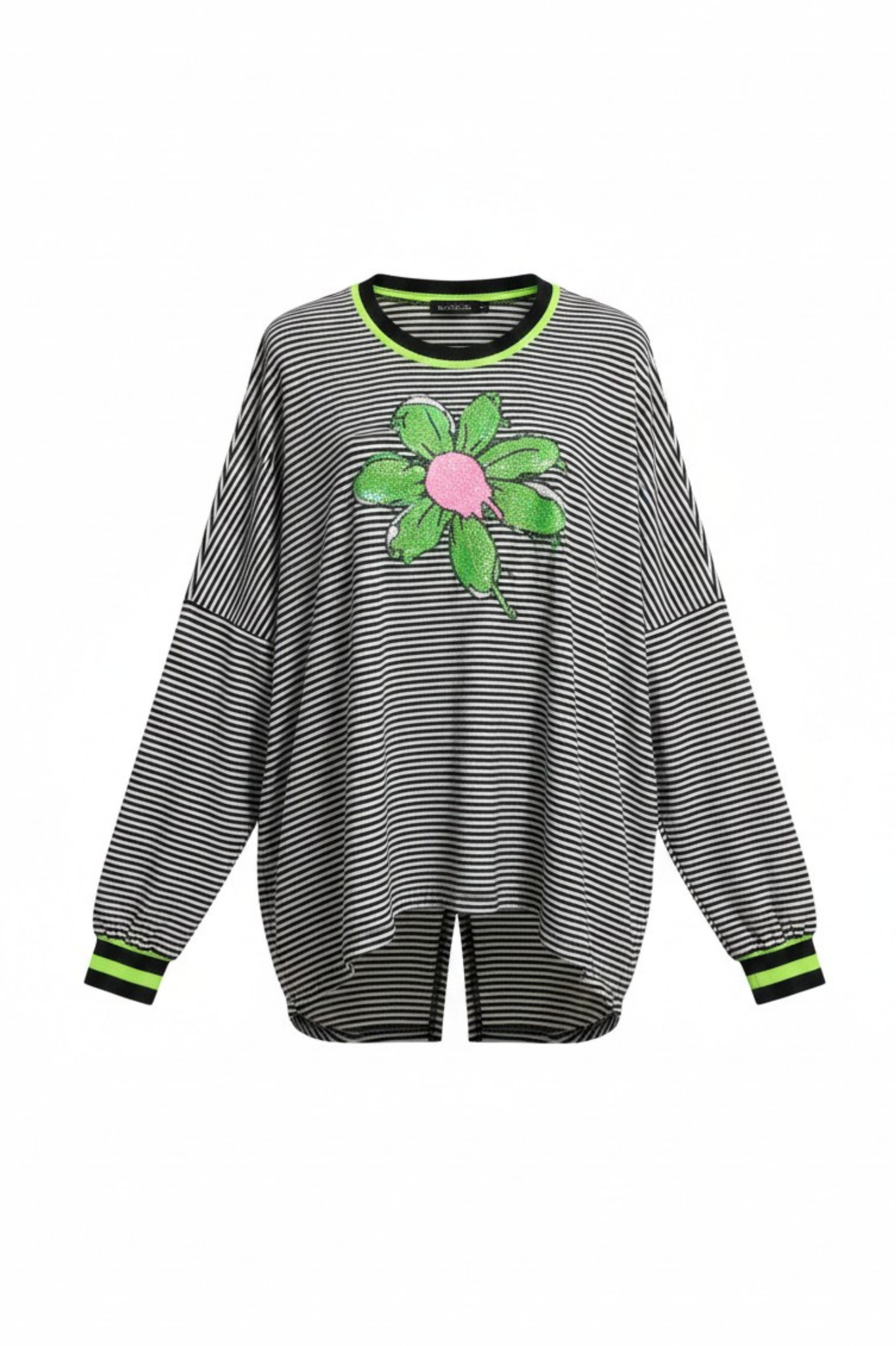 Relaxed Sweatshirt Black/White with Green Sequin Flower