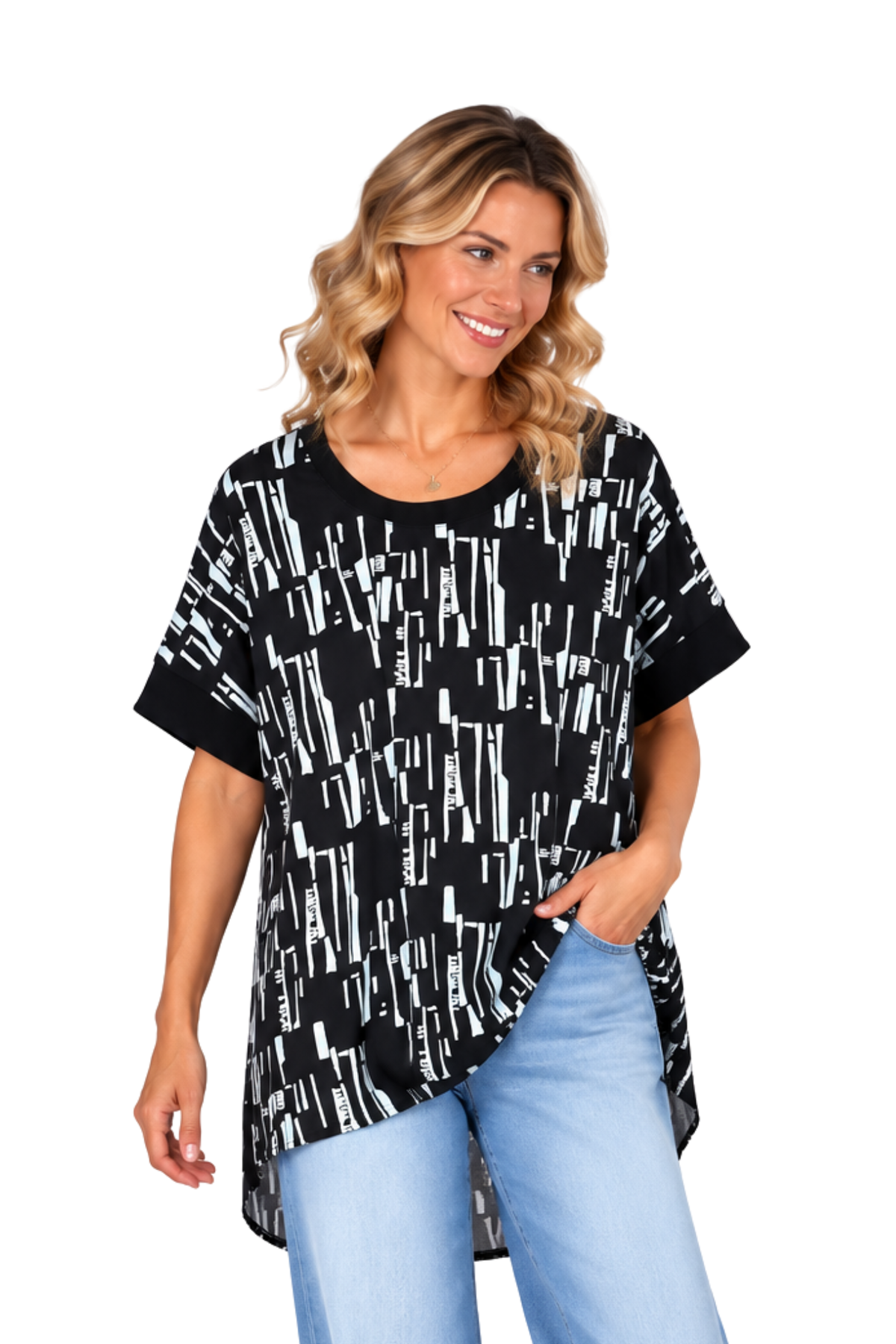 Pleat Back Top Black/White Abstract