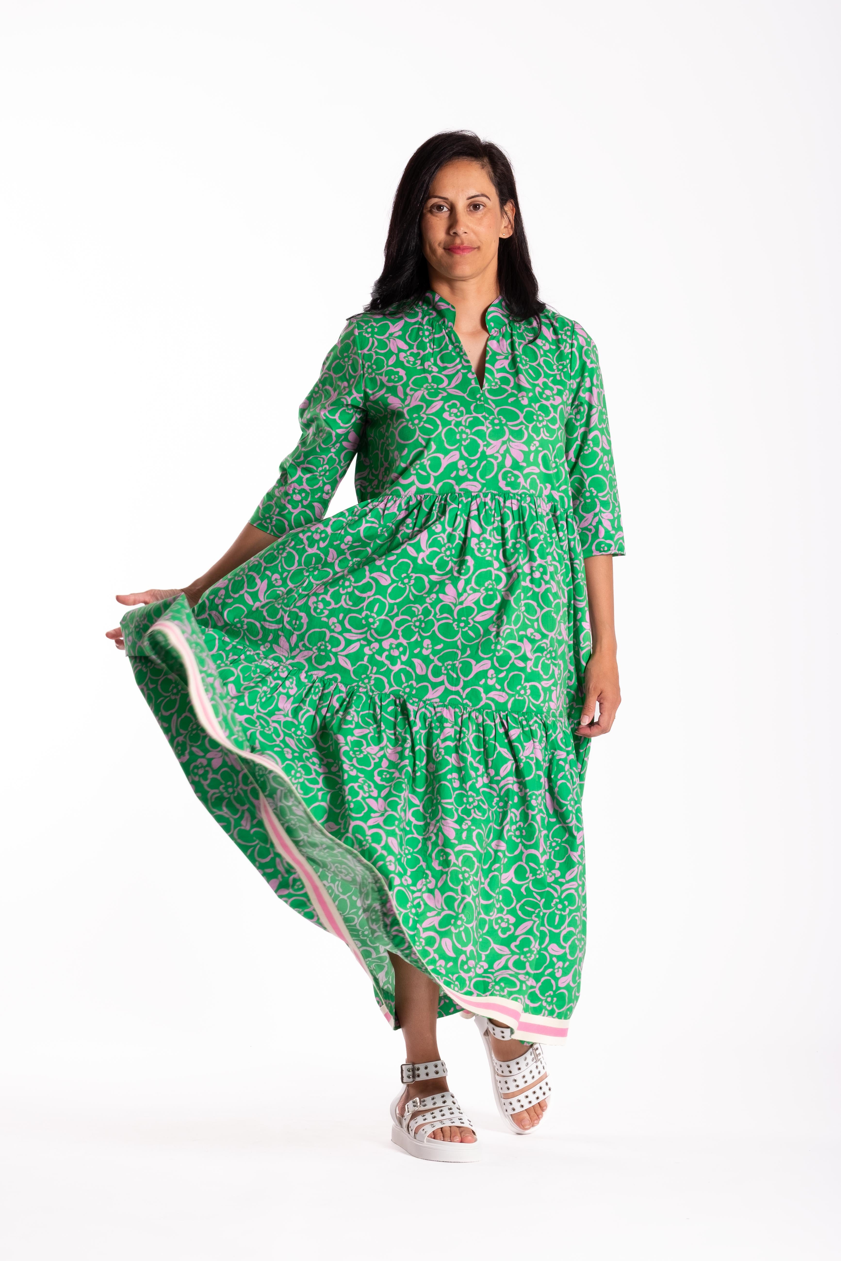 Collar Tiered Dress Floral Scribble