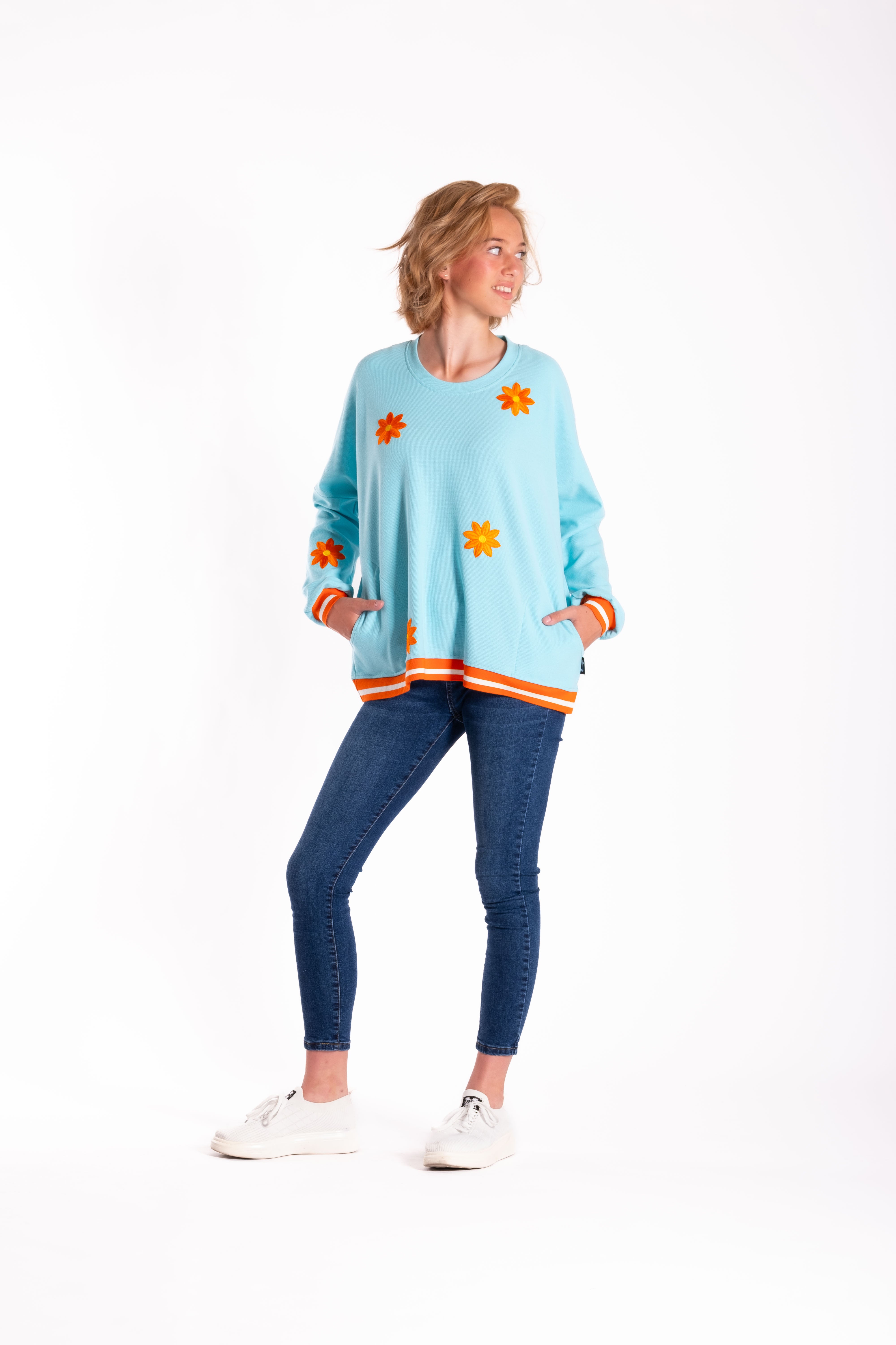 Sweatshirt Teal with Orange Flowers
