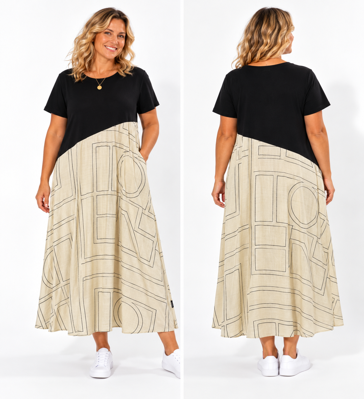 Brinley Dress Black & Beige Geometric