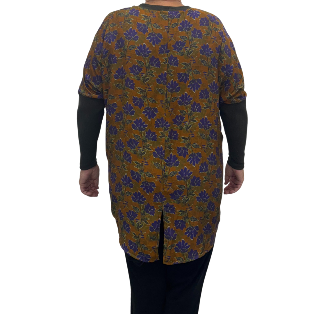 Relaxed Top Gold/Purple Floral with Khaki Rib Sleeves