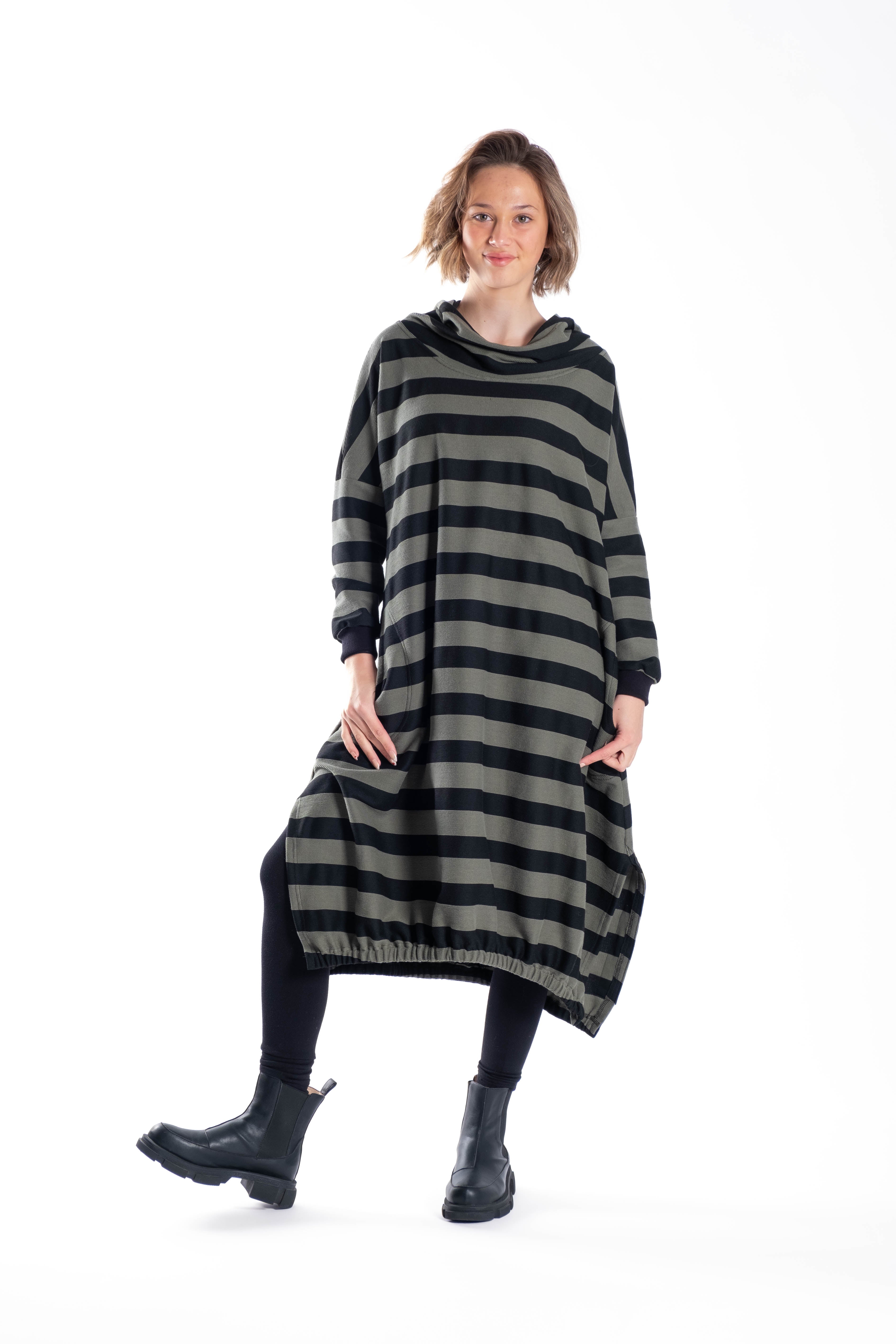 Eva Hoodie Dress Olive Stripe