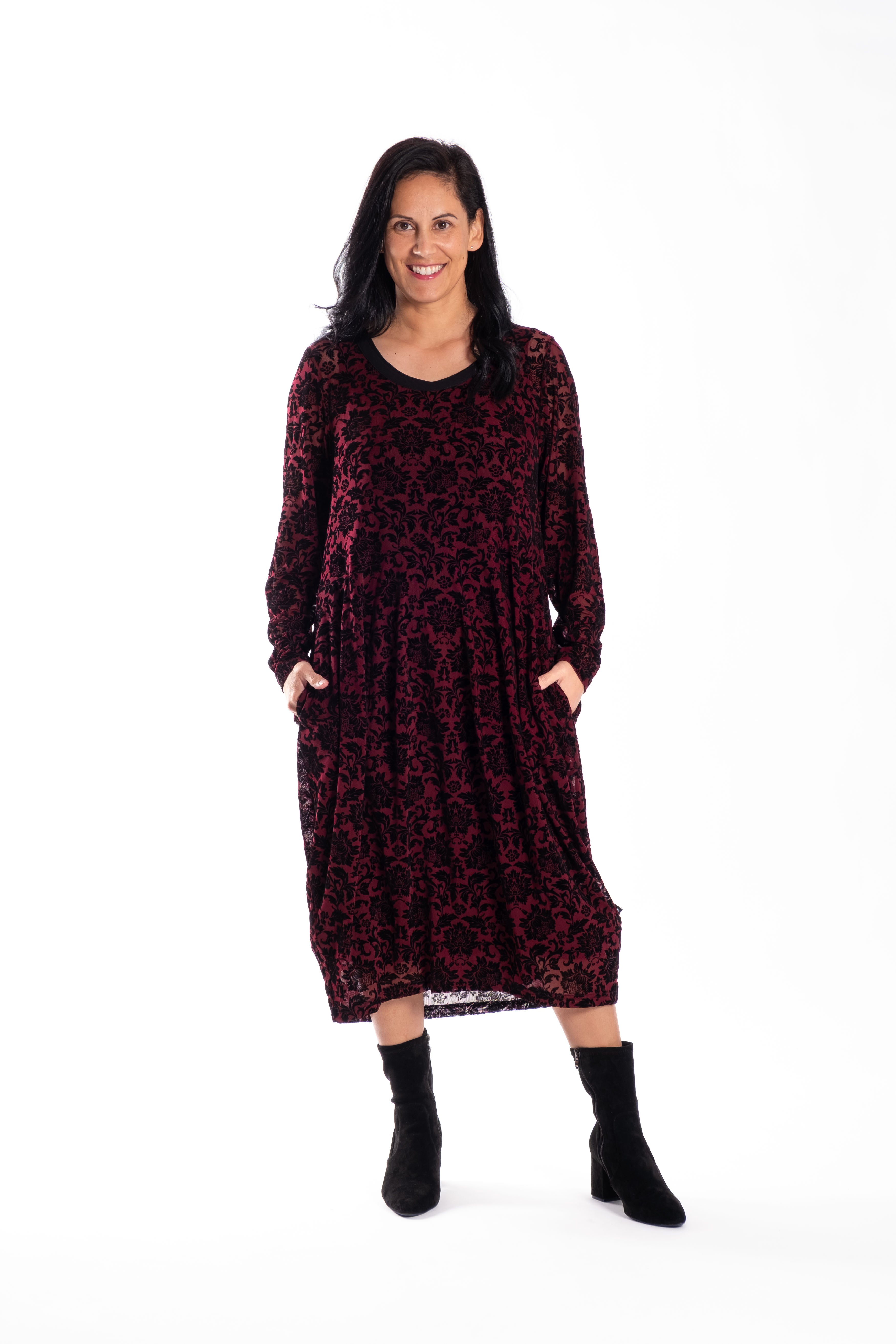 Chelsie Dress Velvet Maroon Damask