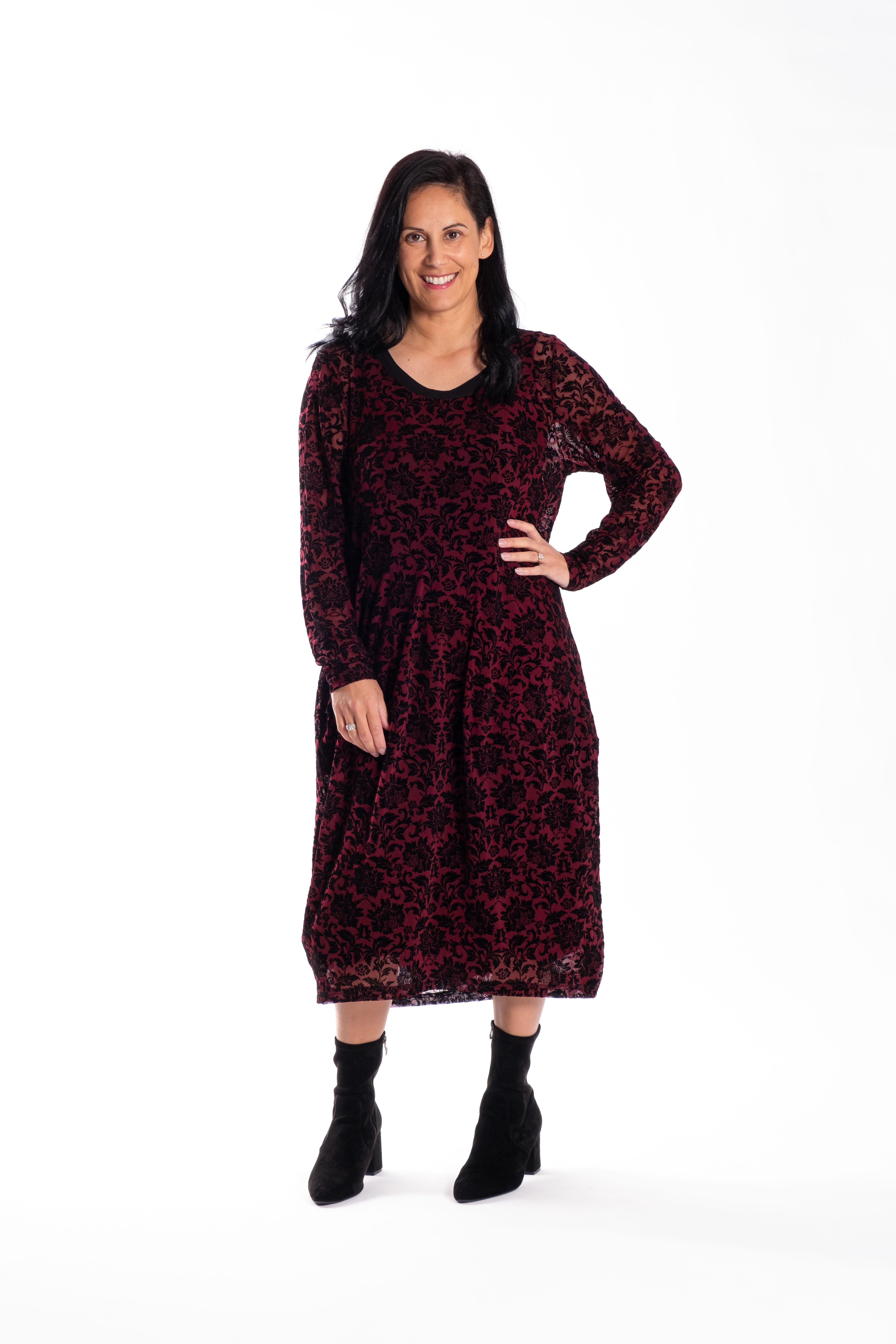 Chelsie Dress Velvet Maroon Damask