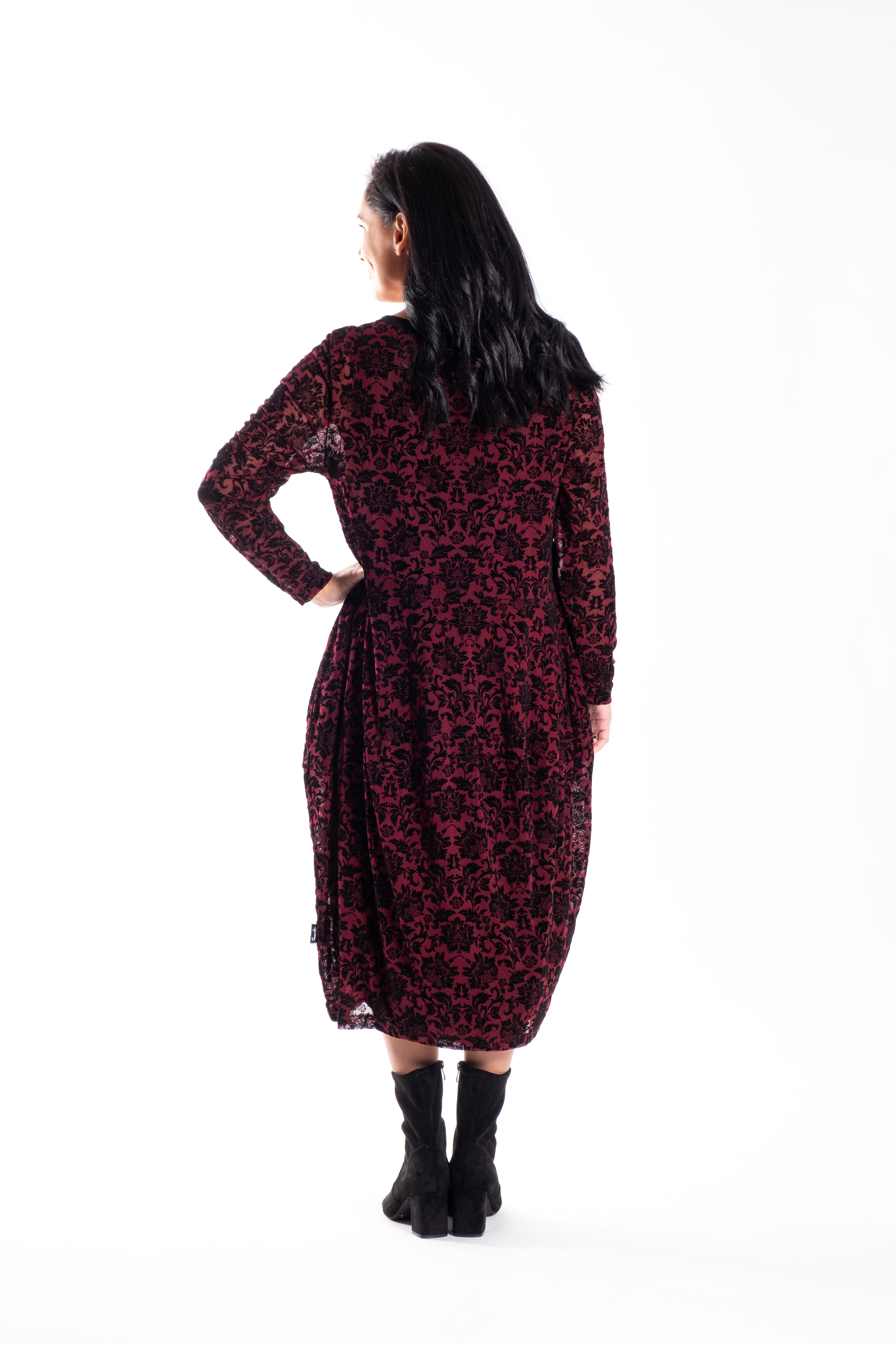 Chelsie Dress Velvet Maroon Damask