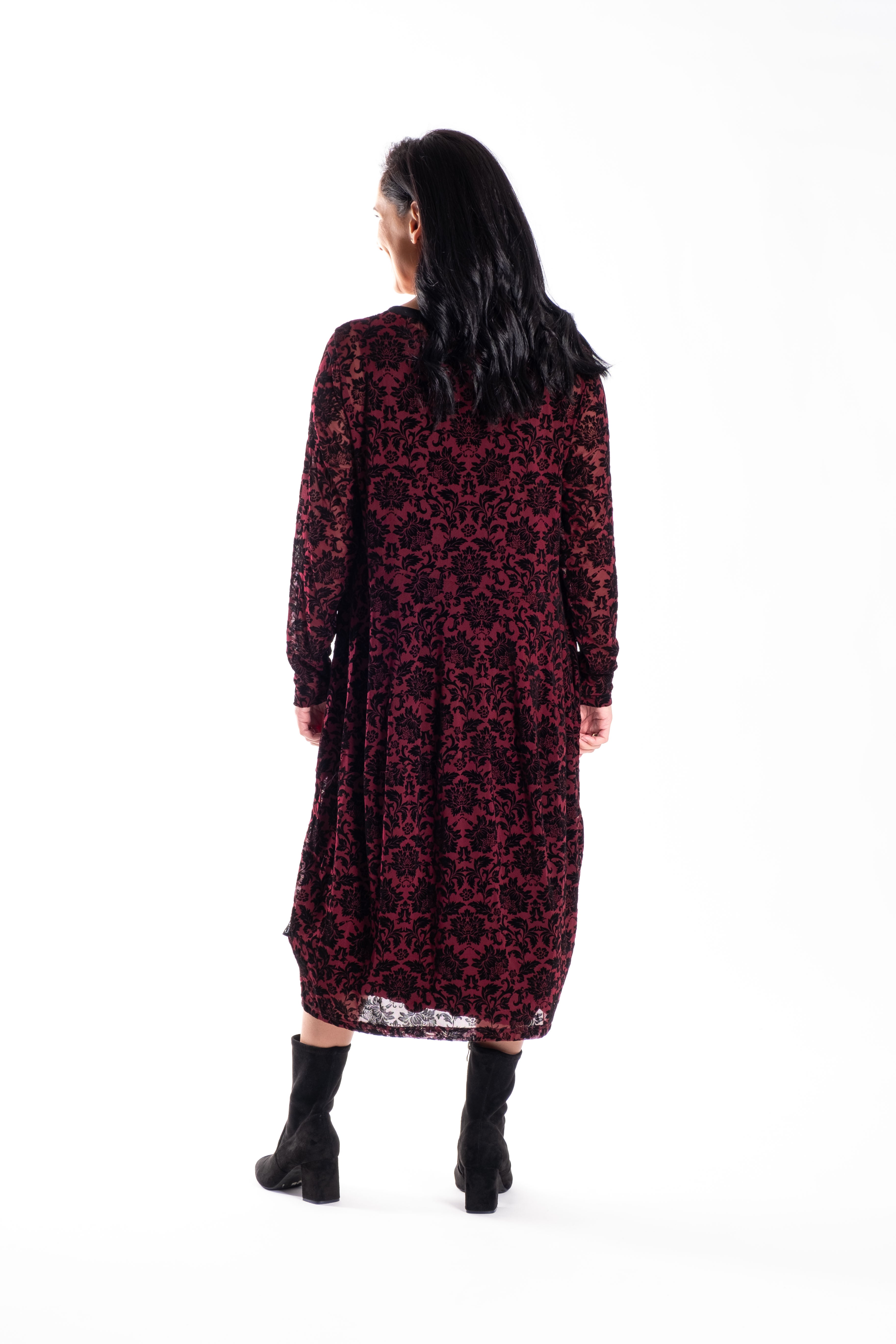 Chelsie Dress Velvet Maroon Damask