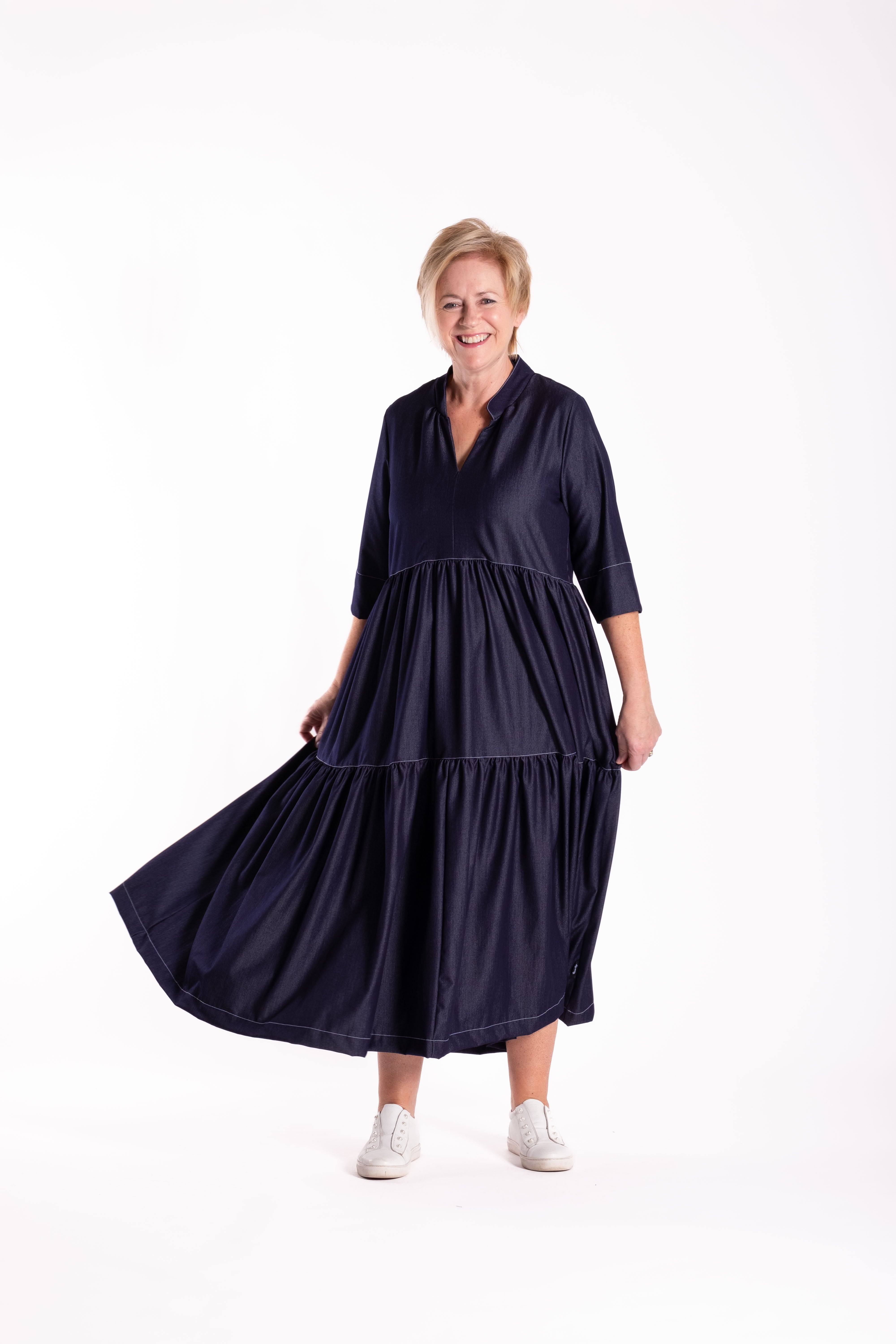 Collar Tiered Dress Denim
