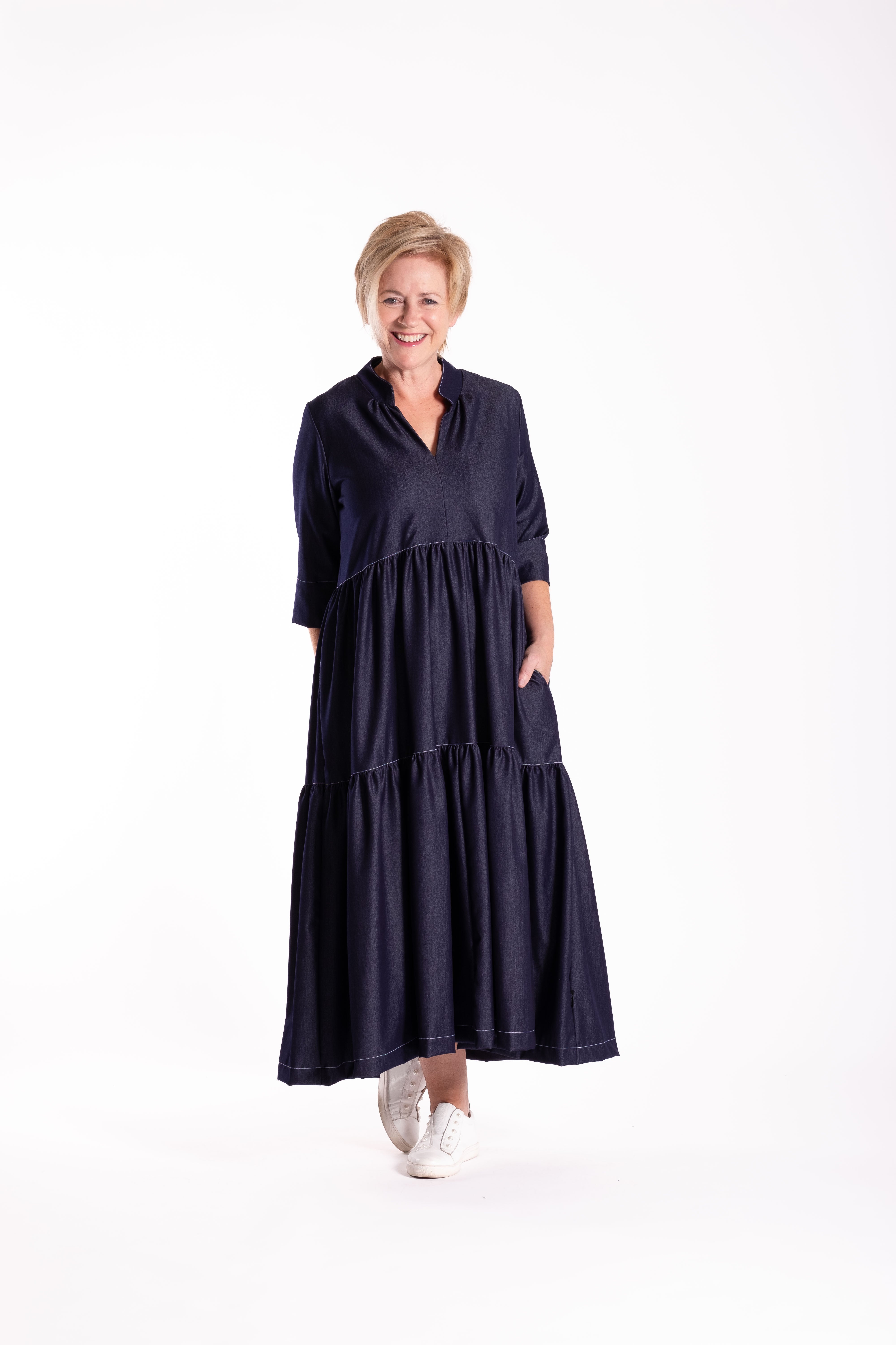 Collar Tiered Dress Denim