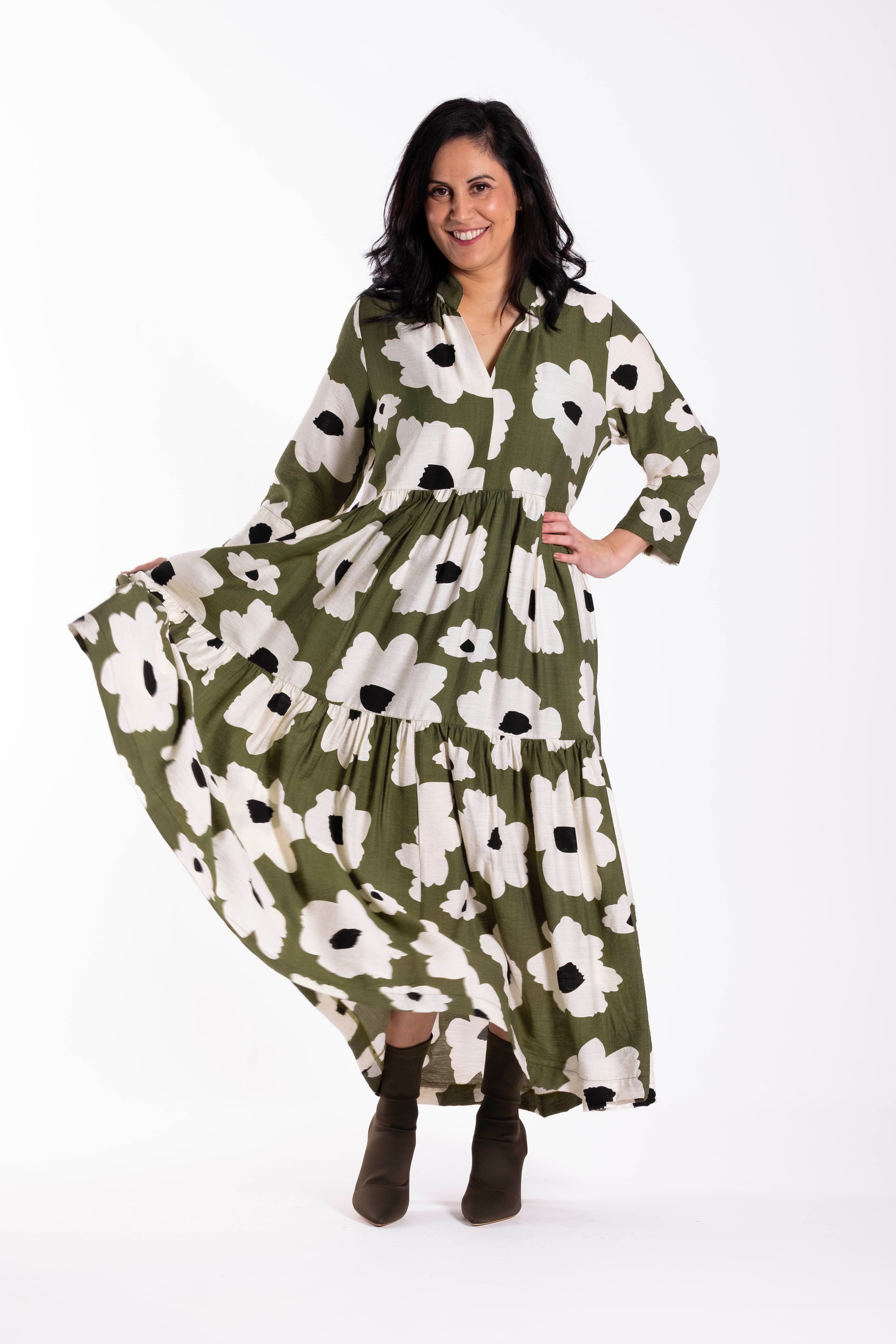 Collar Tiered Dress Monochrome Meadow