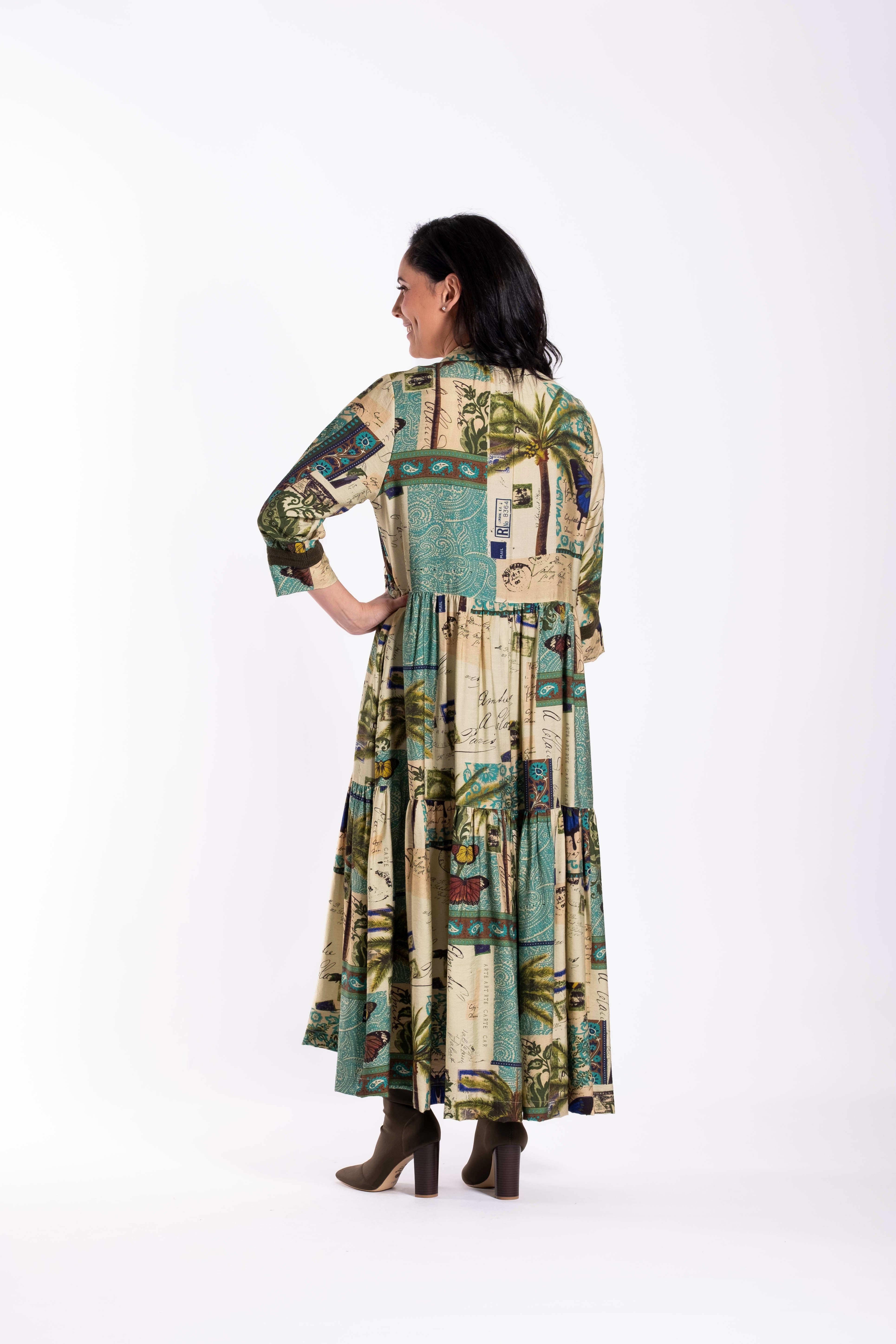 Collar Tiered Dress Postage Print