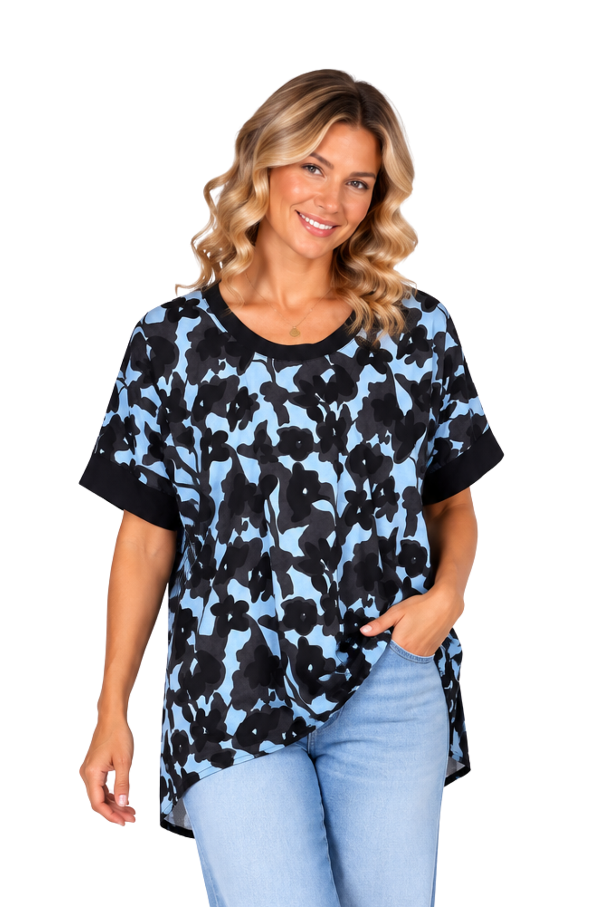 Pleat Back Top Blue/Black Floral