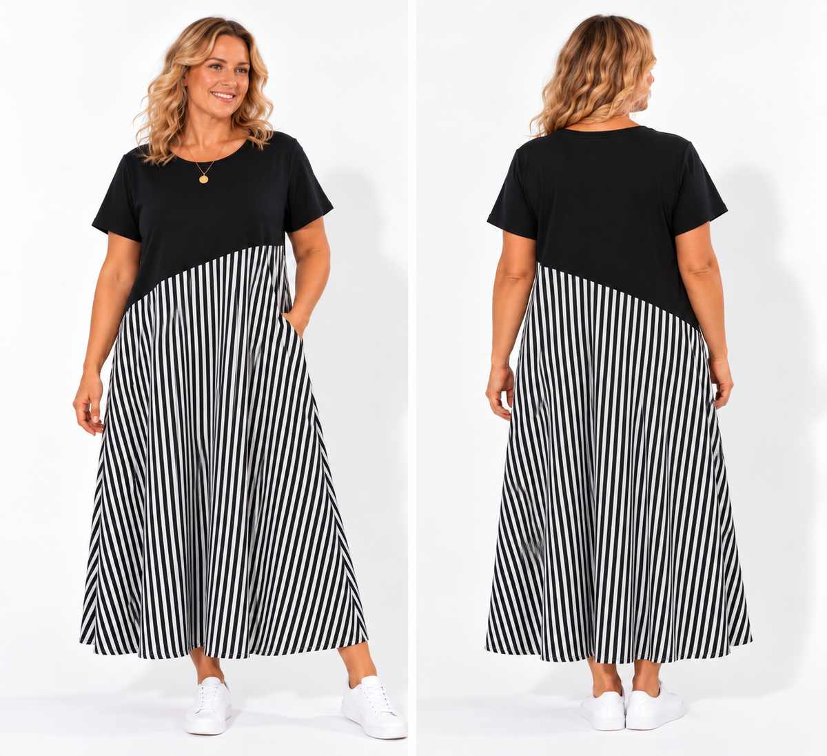 Brinley Dress Split View Black/White Stripe